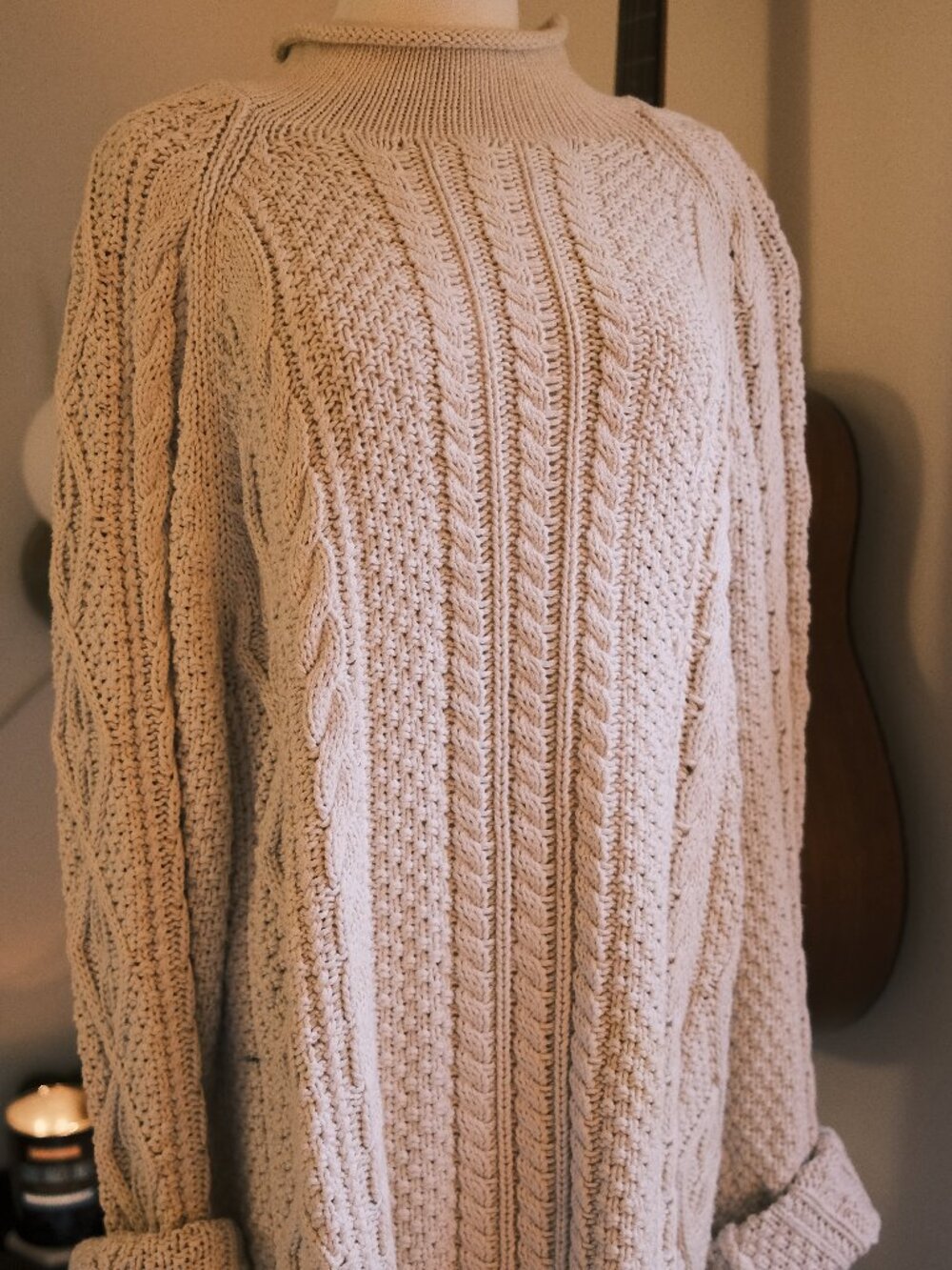 J.Crew Cable Knit Rollneck Sweater Cream Fisherman Knit Size L